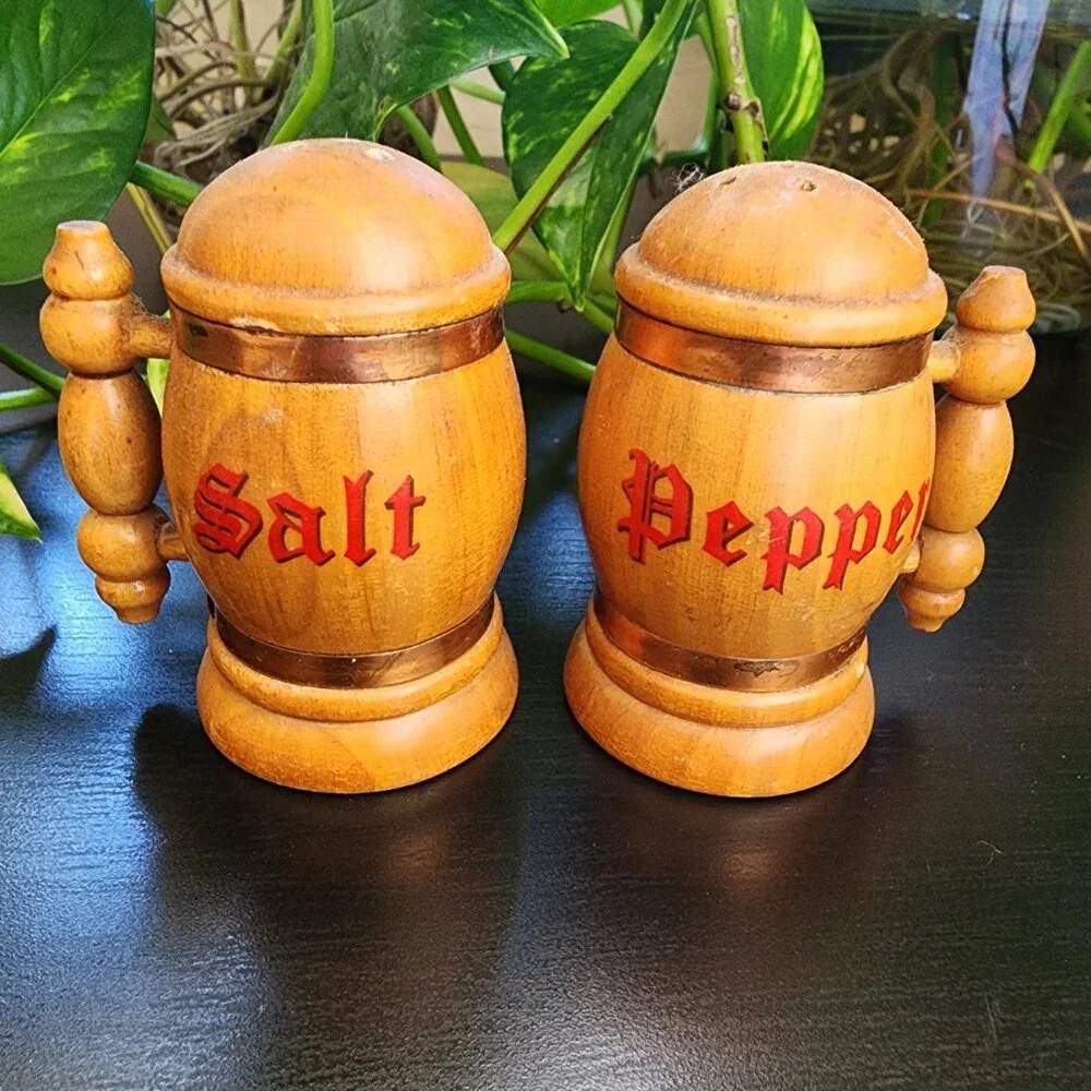 Vintage Beer Stein Mug Handled Copper Accent MCM Wood Salt and Pepper Shakers